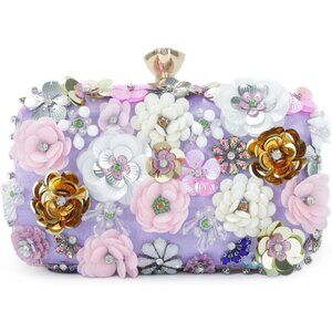 Women's Purple Lanpet Evening Wristlet Flower Clutches Shoulder Chain Strap Bag